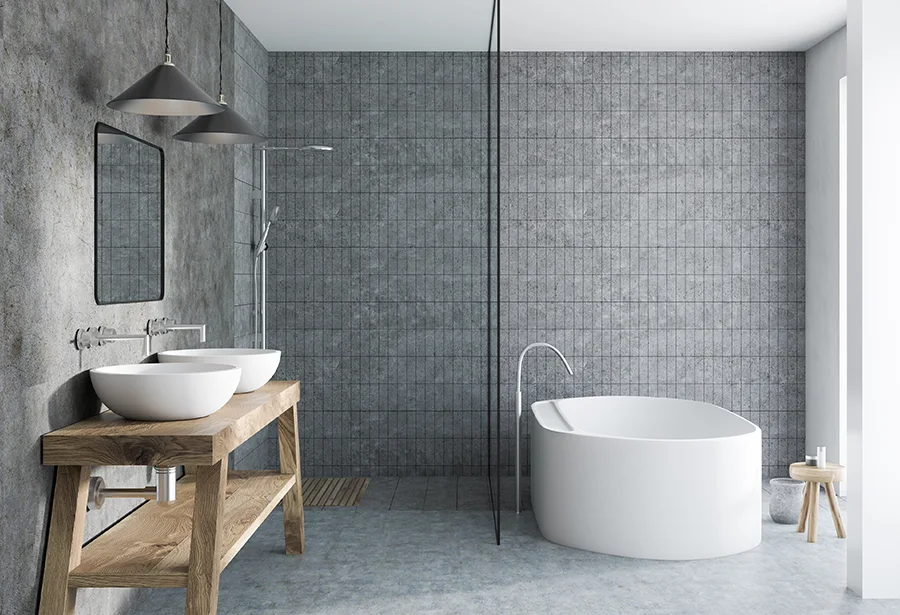 Modernes Baddesign mit grauen Kacheln
